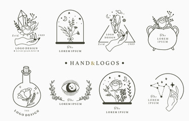 Wall Mural - Beauty occult logo collection with hand,geometric,crystal,moon,eye,star.Vector illustration for icon,logo,sticker,printable and tattoo