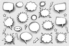 Collection Of Empty Comic Speech Bubbles With Halftone Shadows. Hand Drawn Retro Cartoon Stickers. Pop Art Style. Vector Illustration.