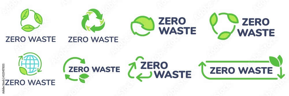 Zero waste labels. Green eco friendly label, reduce waste and recycle icon with plant leaves vector set. No plastic ecological protection logo with green recycling arrows signs - obrazy, fototapety, plakaty 