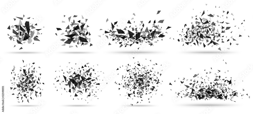 Abstract shatter burst. Geometric texture, dark triangles bursts and broken shattered debris vector set. Flying black shapes explosion, particles spray isolated on white - obrazy, fototapety, plakaty 