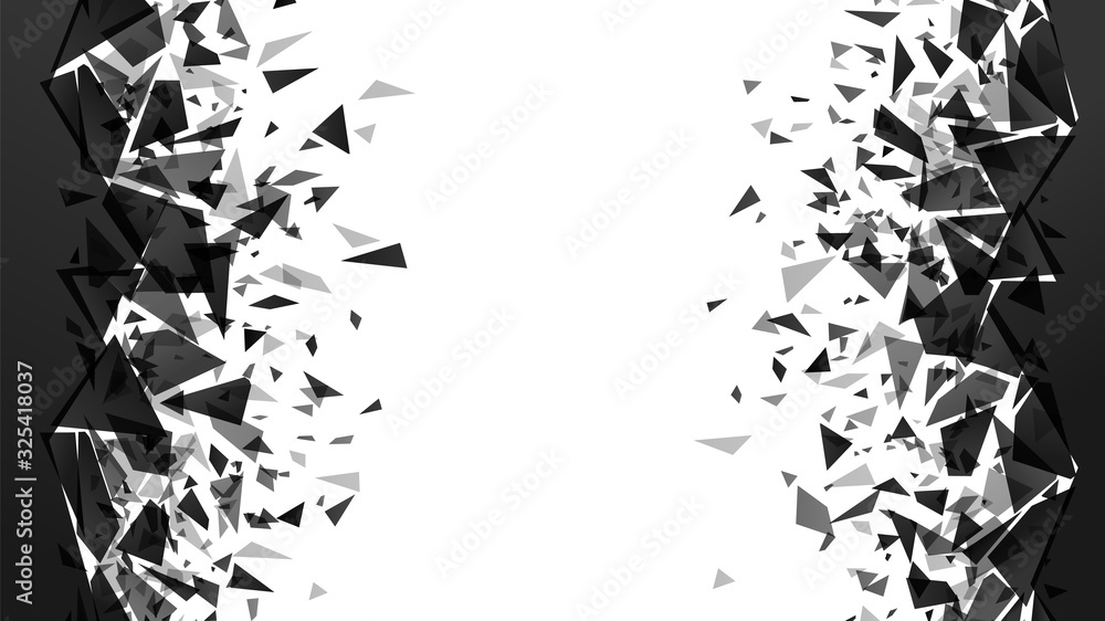 Abstract shatter destruction background. Broken debris pieces, black triangles walls destruction and shattered wall explosion vector background. black particles decoration texture - obrazy, fototapety, plakaty 
