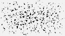 Abstract Shatter Particles. Random Flying Dark Triangles Particles, Shattered Texture And Broken Pieces Isolated Explosion Vector Illustration. Black Powder Effect, Flying Debris Texture