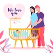 Happy Parenthood, Mother, Father, Bed Newborn Baby. Smiling Couple Standing Together, Husband Hugs Woman, Wife. Baby Boy, Crib Mobile, Foliage. Vector Flat Illustration Love, Family Relationships