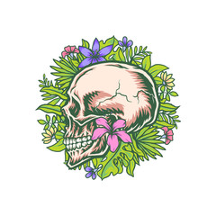 Wall Mural - Skull and exotic tropical flowers, hand drawn line with digital color, vector illustration