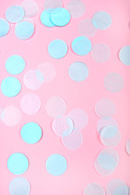 Mint Confetti On Pink Background. Flat Lay, Top View.