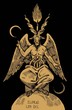Goat headed demon Baphomet with torch on top of his head and big black wings siting an pointing with his hands on two moons.