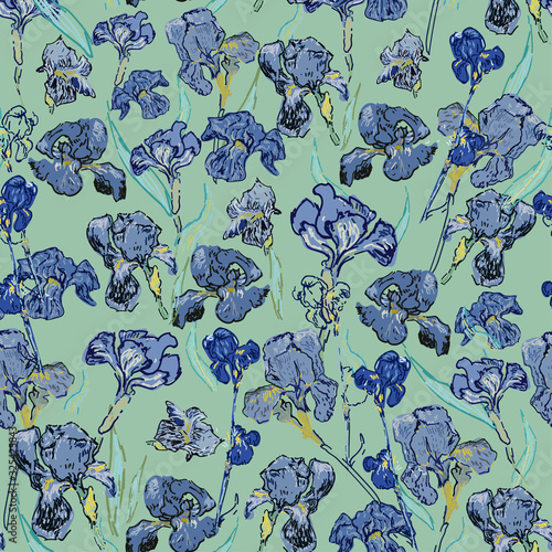 Fototapety Vincent van Gogh  kwiaty-irysow-ilustracja-wektorowa-wzor-na-podstawie-obrazu-olejnego-van-goga