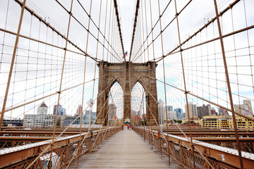 Brooklyn Bridge, New York, USA. Beautiful view of Manhattan, NYC. Manhattan midtown view panorama in financial district. Business background.