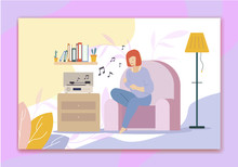 Listening To Music On Turntable And Singing Hobbies Vector Cartoon. Woman Enjoys Jazz Or Pop Songs On LP-player Sitting On Armchair In Living Room. Home Party. Leisure And Relax. Flat Illustration
