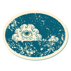 distressed sticker tattoo style icon of an all seeing eye cloud