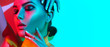 © Subbotina Anna - High Fashion model woman in colorful bright lights posing, portrait of beautiful sexy girl with trendy make-up and manicure, glowing skin. Art design, colorful make up. Over multicolor background