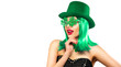 © Subbotina Anna - St. Patrick's Day leprechaun model girl in green hat, funny clover shaped sunglasses, isolated on white background and smiling, having fun. Patrick Day pub party, celebrating. Green beer. Ads