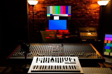 Wall Mural - analog keyboard synthesizer in recording, broadcasting, editing studio