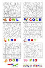 Wall Mural - logic puzzle game for study english language with maze. find letters and paint them. read the words.