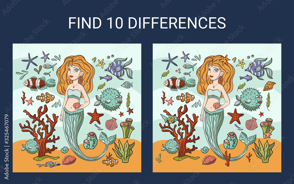 Mermaid sea illustration. Find 10 differences. Educational funny game ...