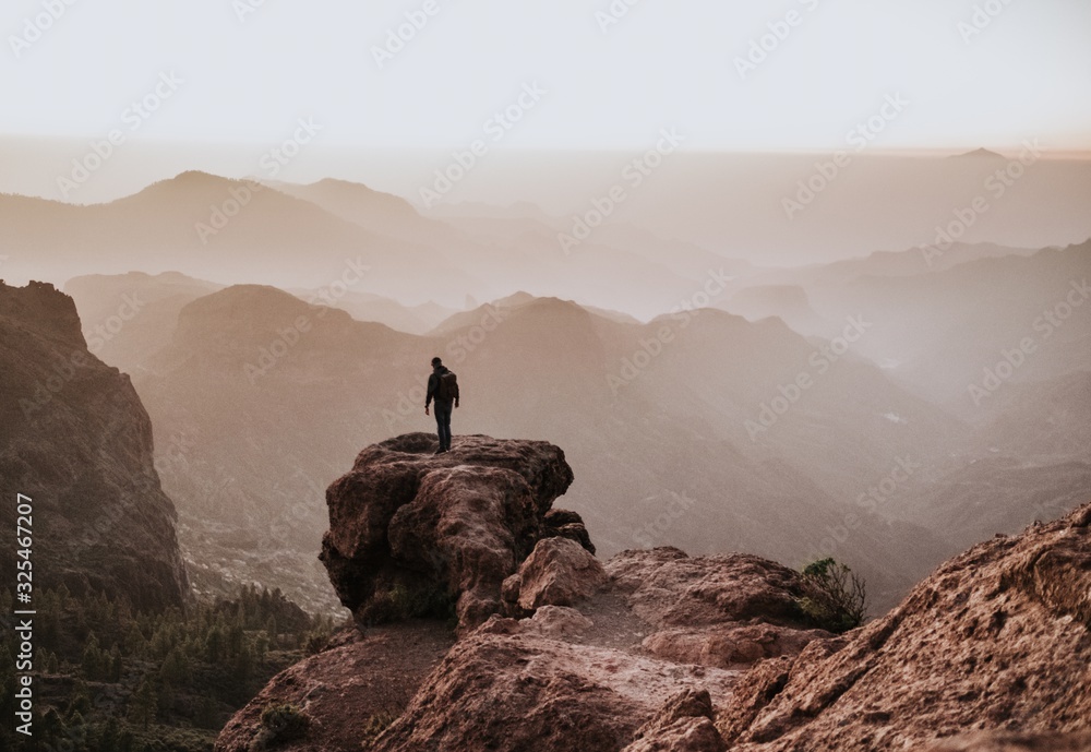 Behind shot of a man with a backpack standing on top of a cliff and enjoying the view - obrazy, fototapety, plakaty 