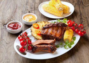 Wall Mural - Plated Grilled Pork Ribs and Corn