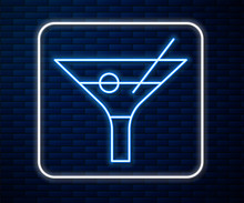 Glowing Neon Line Martini Glass Icon Isolated On Brick Wall Background. Cocktail Icon. Wine Glass Icon. Vector Illustration