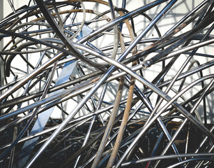  A messy tangle of metal wires and tubes.