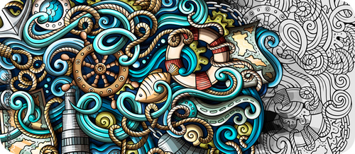 Fotomural Nautical hand drawn doodle banner. Cartoon detailed flyer.