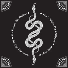 Two Serpents Intertwined. Inscription Is A Maxim In Hermeticism And Sacred Geometry. As Above, So Below. Tattoo, Poster Or Print Design Vector Illustration