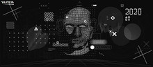 Holographic Ai In Humanoid Head. Conceptual Image Artificial Intelligence, Virtual Reality, Tech Shapes, Head Up Elements HUD. Biometric Technology, Face Recognition Systems Ai. Cyberpunk VR Set