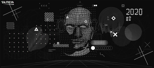 Holographic Ai in humanoid head. Conceptual image Artificial intelligence, Virtual reality, tech shapes, Head Up elements HUD. Biometric technology, Face recognition systems Ai. Cyberpunk VR set