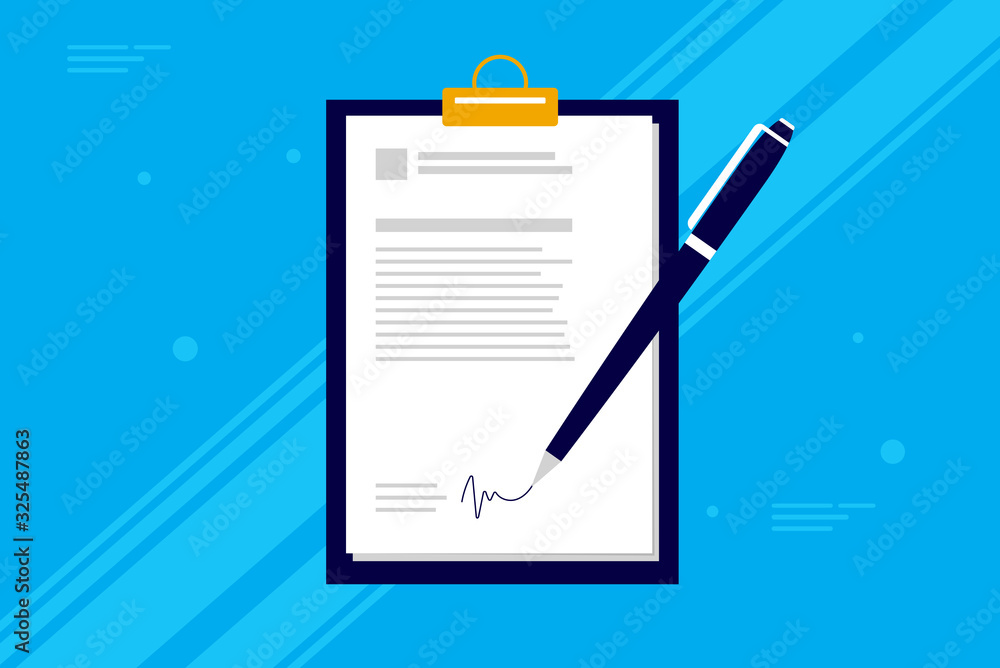 Business contract signing - Pen signing a contract on clipboard with blue background. Simple corporate vector illustration. - obrazy, fototapety, plakaty 