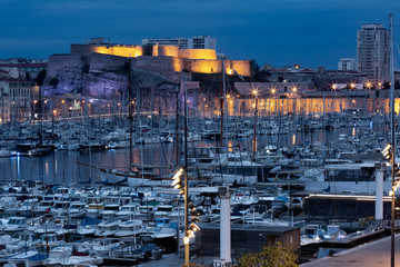 Fototapete - Night Old Port and fort Saint Nicolas on the background, on the hill, Marseille, France