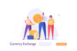 People exchange money in different currency with coins euro dollar  yen. Concept of banking, currency exchange, digital currencies. Vector illustration in flat design for UI, web banner, mobile app