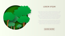 Eco Friendly Landing Page Layout. Concept Of Sustainability Or Environmental Protection. Vector Illustration With Trees On Green Circle Shape Background With Place For Text. Paper Cut Out Art Design.
