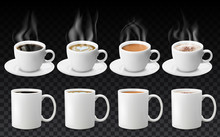 3d Realistic Different Sorts Of Coffee In White Cups View From The Top And Side. Cappuccino Latte Americano Espresso Cocoa In Realistic Cups. 3d Model For Cafe Menu