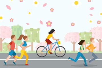 Wall Mural - People running and cycling, active healthy lifestyle, vector illustration. Men and women cartoon characters, outdoor sport activity. Spring flowers and blooming trees, people jogging, fitness runners