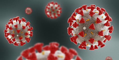 Wall Mural - Coronavirus microscopic view. Floating influenza virus cells. Dangerous asian ncov corona virus, SARS pandemic risk concept. 3d rendering