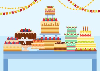 Table with cakes on it vector illustration. Delicious pastries desserts cakes festive decorated with berries, fruits, cream, candles, ribbon. Confectionery, cafe, sweets shop, bakery.