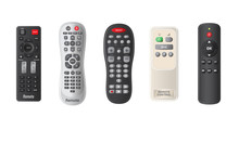Remote TV Controls Buttons Isolated Vector Illustration. Wireless Power Media Device To Switch Channel Programmes Remotely. Universal Plastic Controller Technology Equipment In Realistic Style.