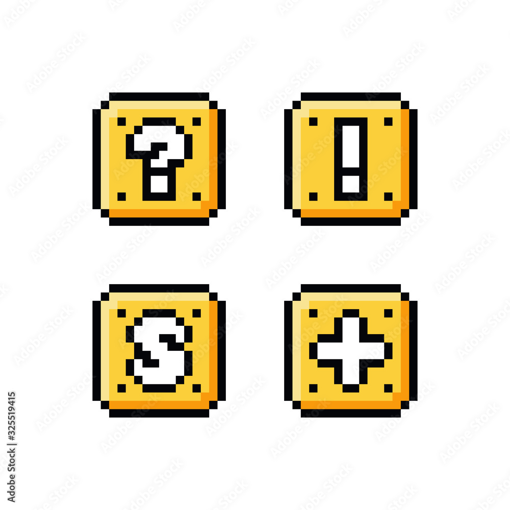 Pixel art 8 bit icon set - yellow golden box with question mark ...