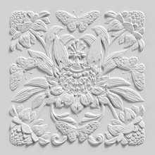 3d Render, Abstract White Botanical Background, Stone Carved Floral Ornament, Plaster Texture, Alabaster, Tropical Flowers And Leaves, Gypsum Wall Decor, Architectural Design Element, Antique Decor