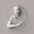 3d render, female portrait inside golden round frame, mannequin body parts isolated on white background. Bold head, beautiful face, hands. Product display for jewelry shop. Minimal fashion showcase