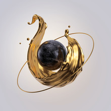 3d Render. Golden Splash, Splashing Wave, Liquid Gold, Black Marble Ball. Flying Objects Isolated On White Background. Abstract Geometrical Design. Fashion Concept. Modern Minimal Style.