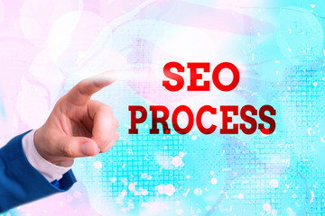 Writing note showing Seo Process. Business concept for steps of increasing the quality and quantity of website traffic