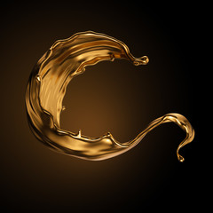 3d rendering, shiny gold liquid splash, metallic wave, swirl, cosmetic oil, golden splashing clip art, artistic paint, abstract design element isolated on black background. Luxury beauty concept