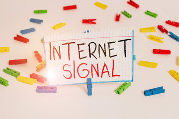 Text sign showing Internet Signal. Business photo showcasing signal strength received by a phone from a cellular network Colored clothespin papers empty reminder white floor background office