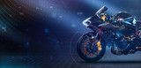 Modern sports motorcycle technology concept with highlighted parts (3D Illustration)