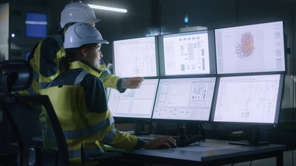 Poster - Industry 4.0 Modern Factory: Project Engineer Talks to Female Operator who Controls Facility Production Line, Uses Computer with Screens Showing AI, Machine Learning Enhanced Assembly Process