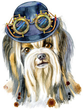 Watercolor Portrait Of Yorkshire Terrier Breed Dog With Hat Bowler And Steampunk Glasses.