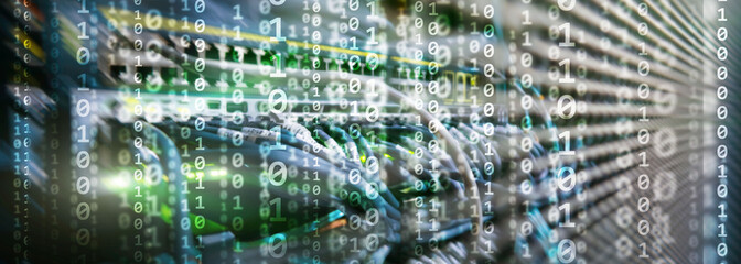 Wall Mural - matrix futuristic theme multiple exposure binary numbers. data center website banner.
