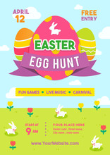 Easter Egg Hunt Poster Vector Illustration. Colorful Easter Egg With Rabbits In Spring Meadow. Flyer Design	