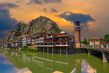 Wall Mural - Panoramic Amasya city view in the evening, Turkey. Beautiful river landscape and Amasya city between mountains.