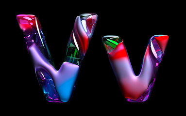 3d render of abstract art of surreal 3d letters uppercase and lowercase letter v in organic curve wavy shape in matte plastic material with glass parts in purple red green gradient color on black back